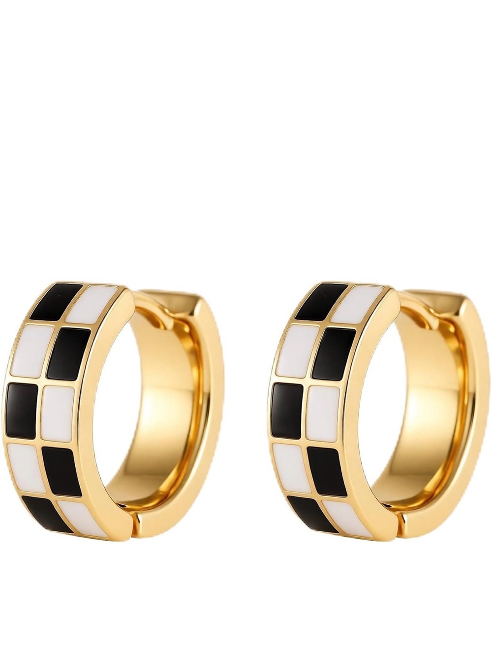 Gold Hoop Earrings with Black and White Enamel Inlay